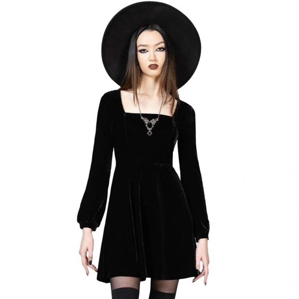 Killstar Archaic black velvet square neck mini dress long sleeve